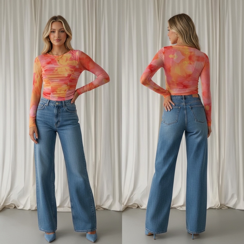 SHEIN tie dye ruched mesh long sleeve top size small